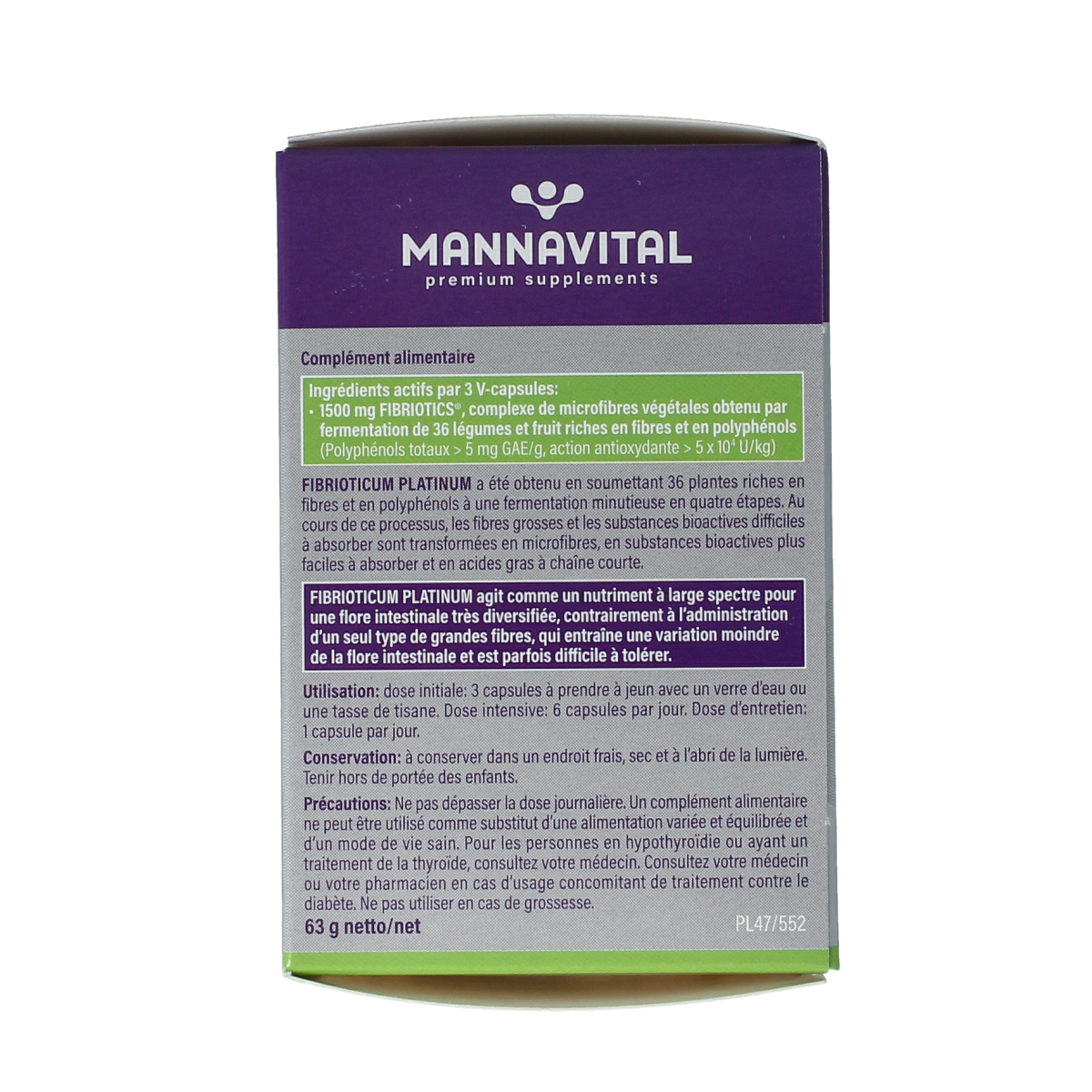 Mannavital Fibrioticum Platinum vegetarian capsules with micro-organisms, dietary supplement in a white container.