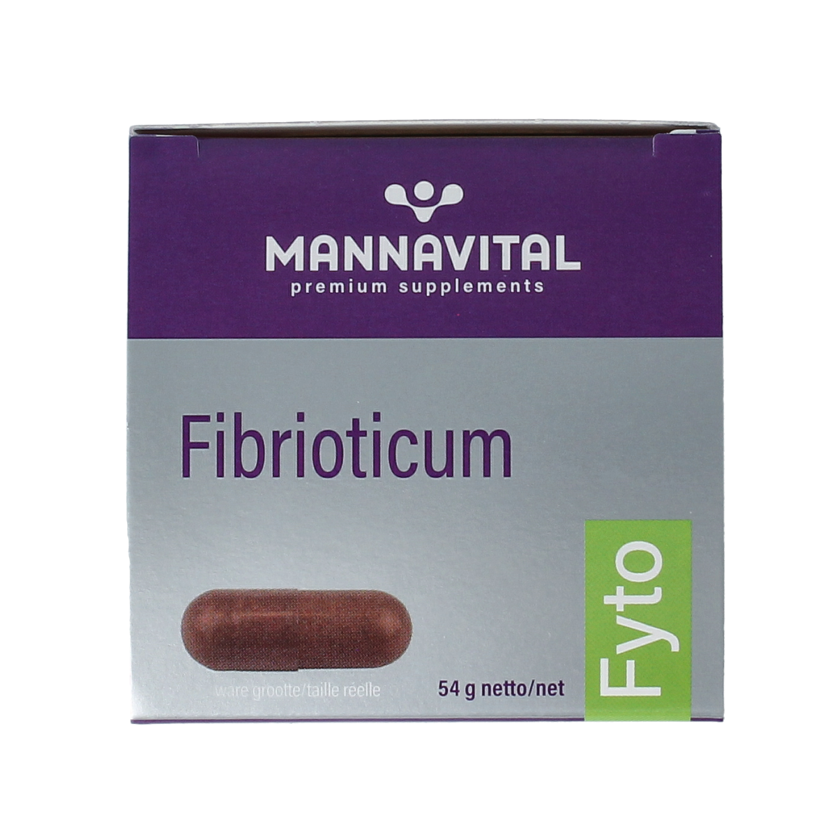 Mannavital Fibrioticum Platinum vegetarian capsules containing micro-organisms for digestive health, shown in a clear bottle.