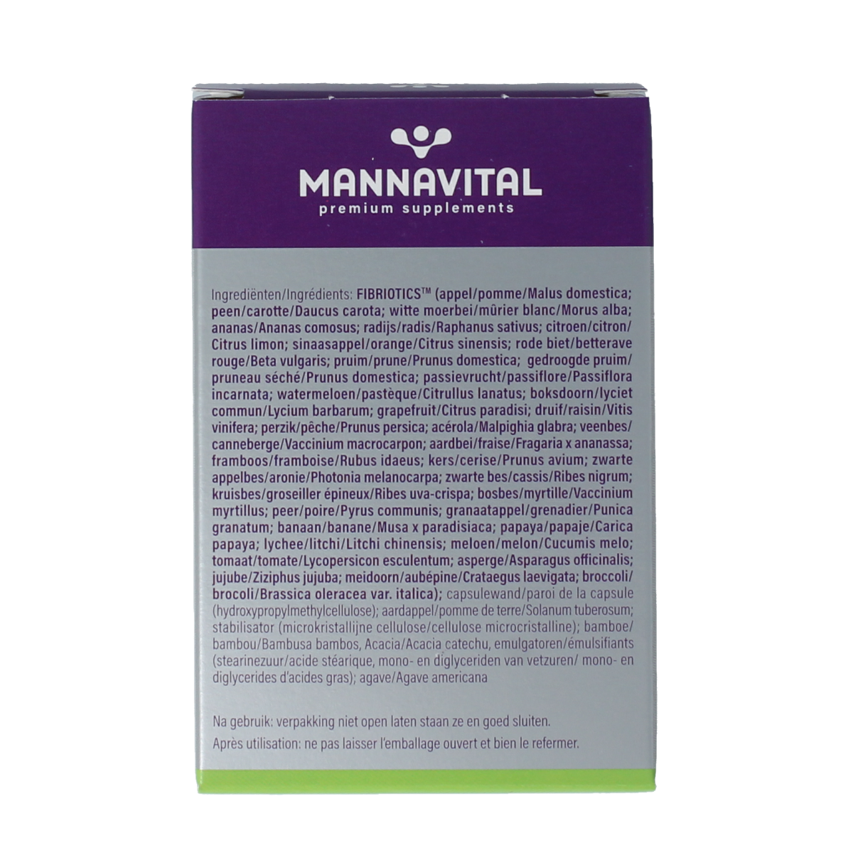 Mannavital Fibrioticum Platinum vegetarian capsules containing micro-organisms, displayed in a blister pack.