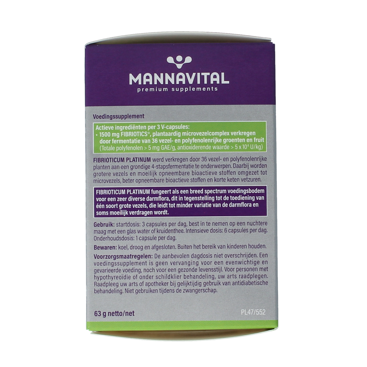 Mannavital Fibrioticum Platinum vegetarian capsules containing micro-organisms, displayed in blister packaging.