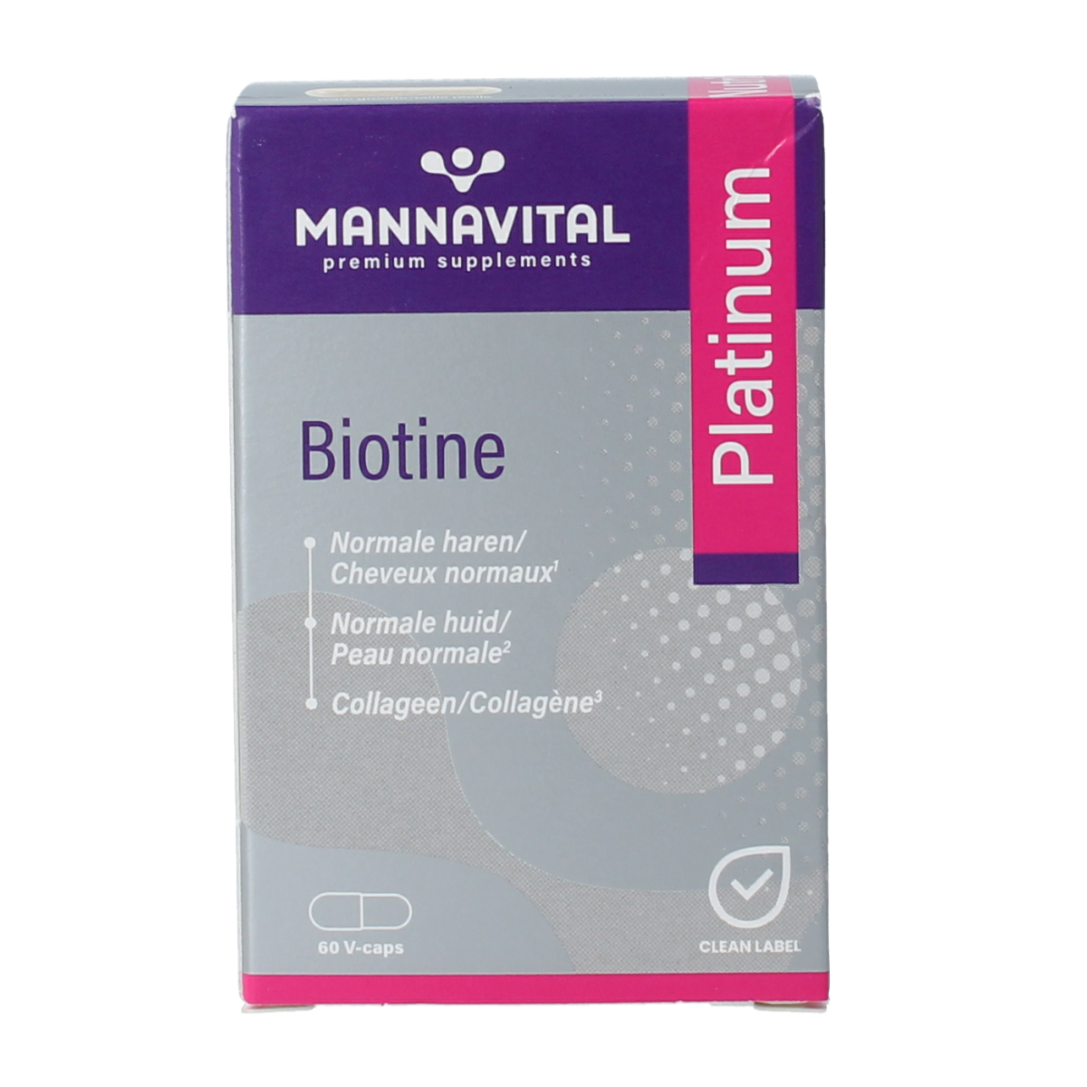 Mannavita Biotine Platinum vegetarian capsules, dietary supplement in a white bottle with blue and green label, close-up view.