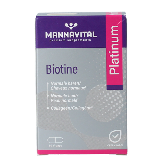 Mannavita Biotine Platinum vegetarian capsules, dietary supplement in a white bottle with blue and green label, close-up view.