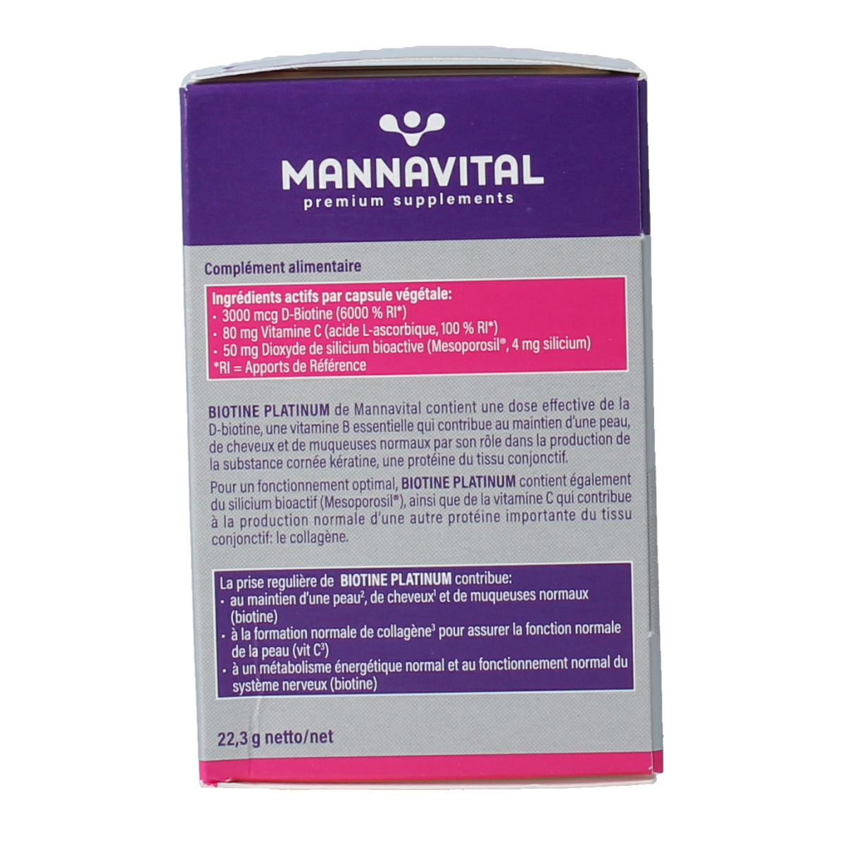 Mannavita Biotine Platinum vegetarian capsules, dietary supplement bottle with capsules inside, for hair and skin health.