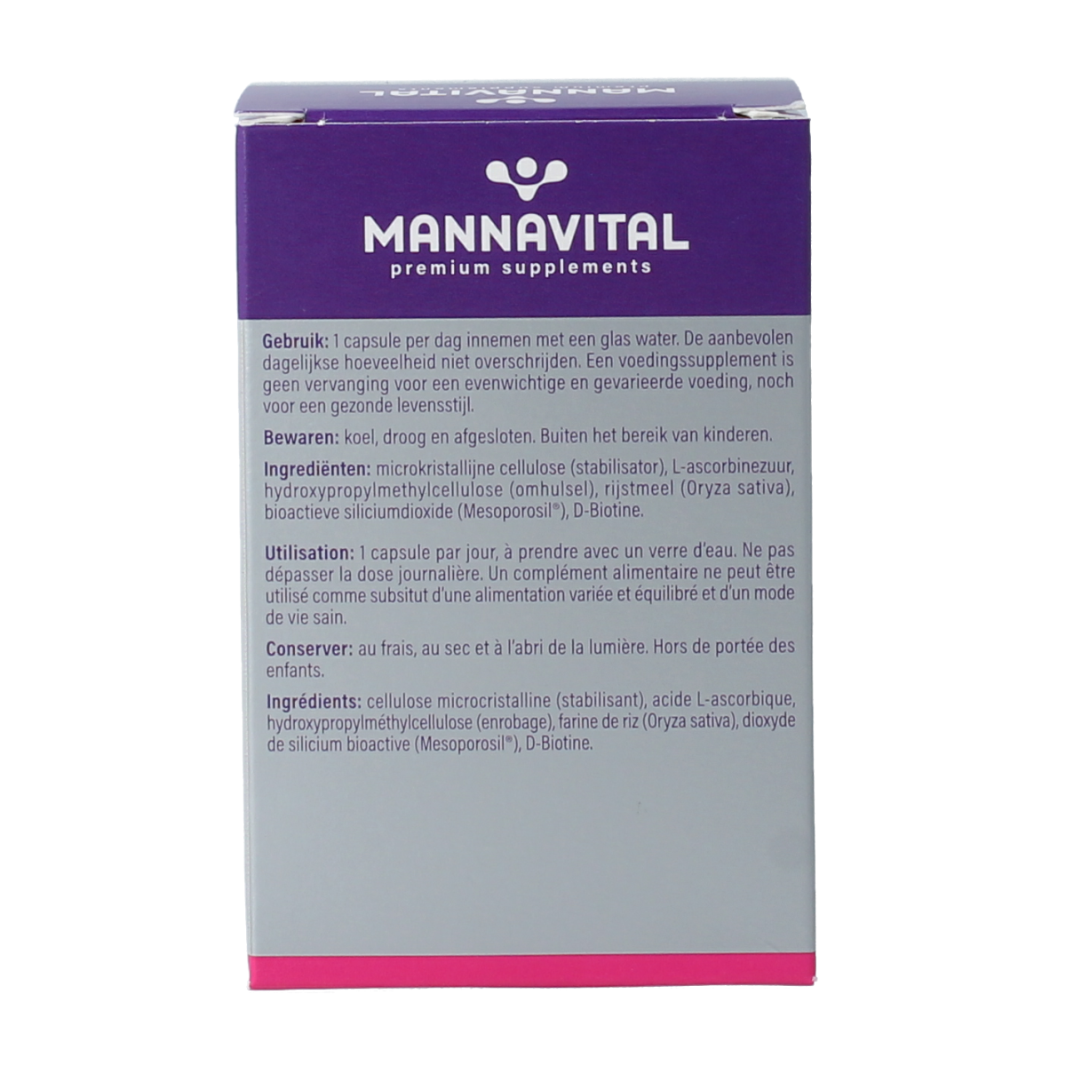 Mannavita Biotine Platinum vegetarian capsules, vitamin supplement, close-up of the bottle with label and capsules inside