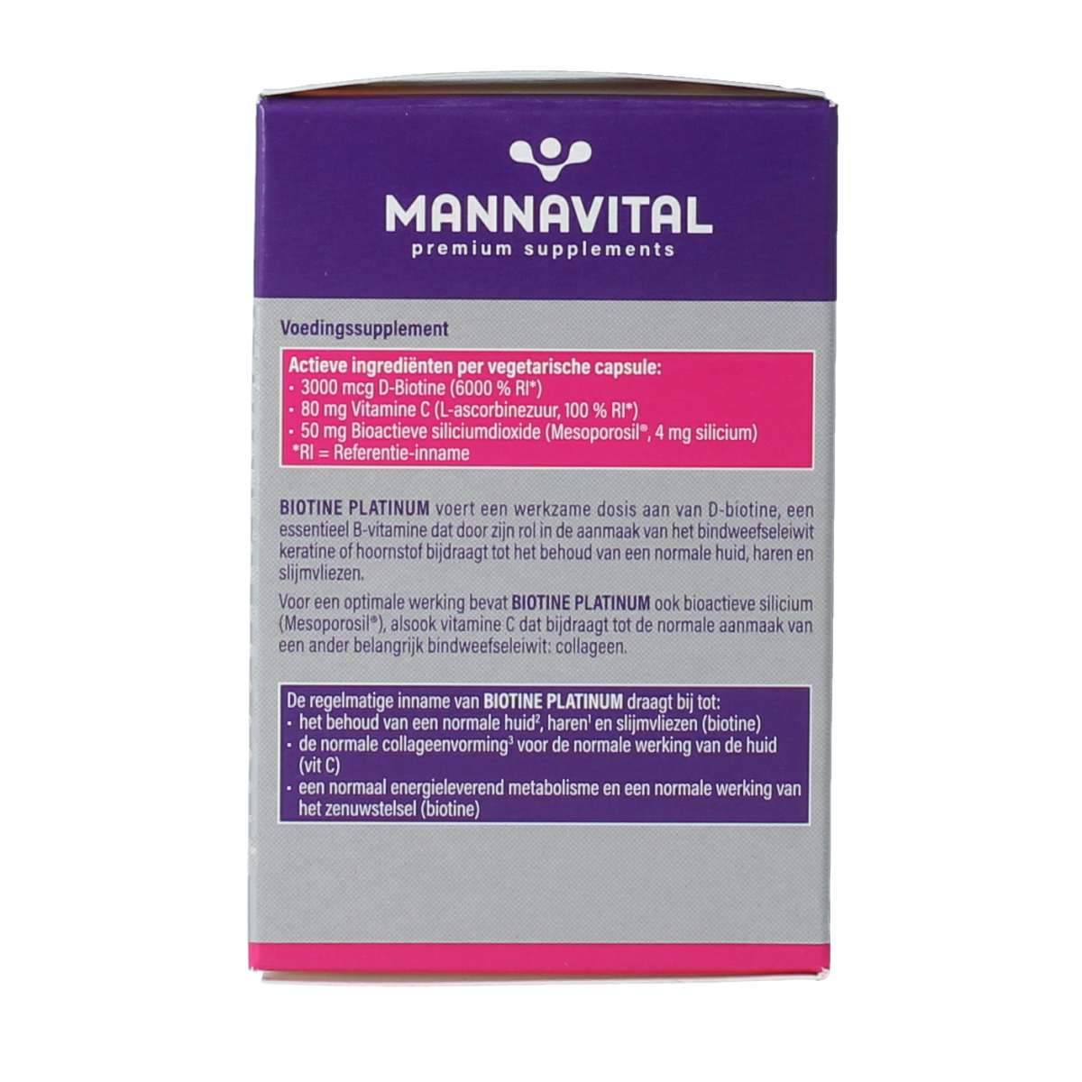 Mannavita Biotine Platinum vegetarian capsules for hair and skin health, shown in a glass bottle with capsules inside.