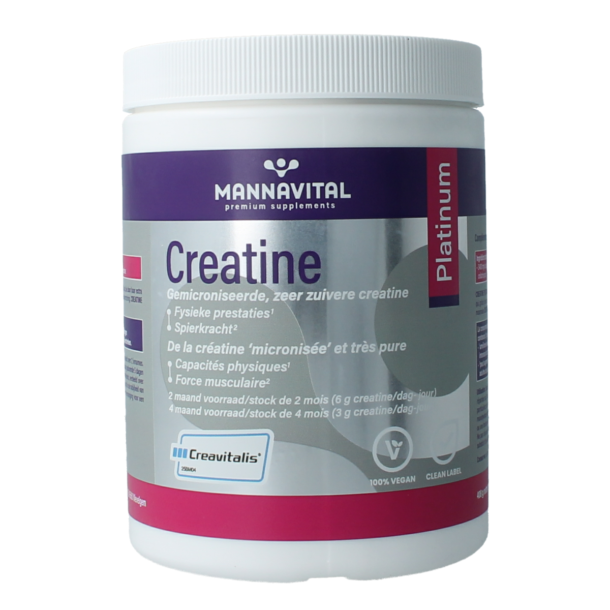 Mannavital Creatine Platinum mineral supplement in a 408g container, with a focus on the label and product packaging.
