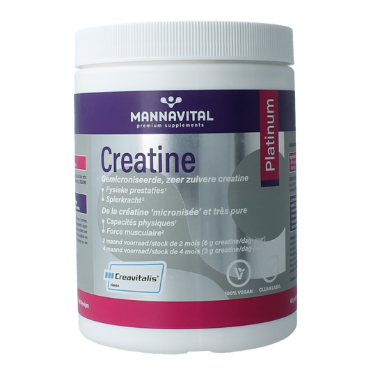 Mannavital Creatine Platinum mineral supplement in a 408g container, with a focus on the label and product packaging.