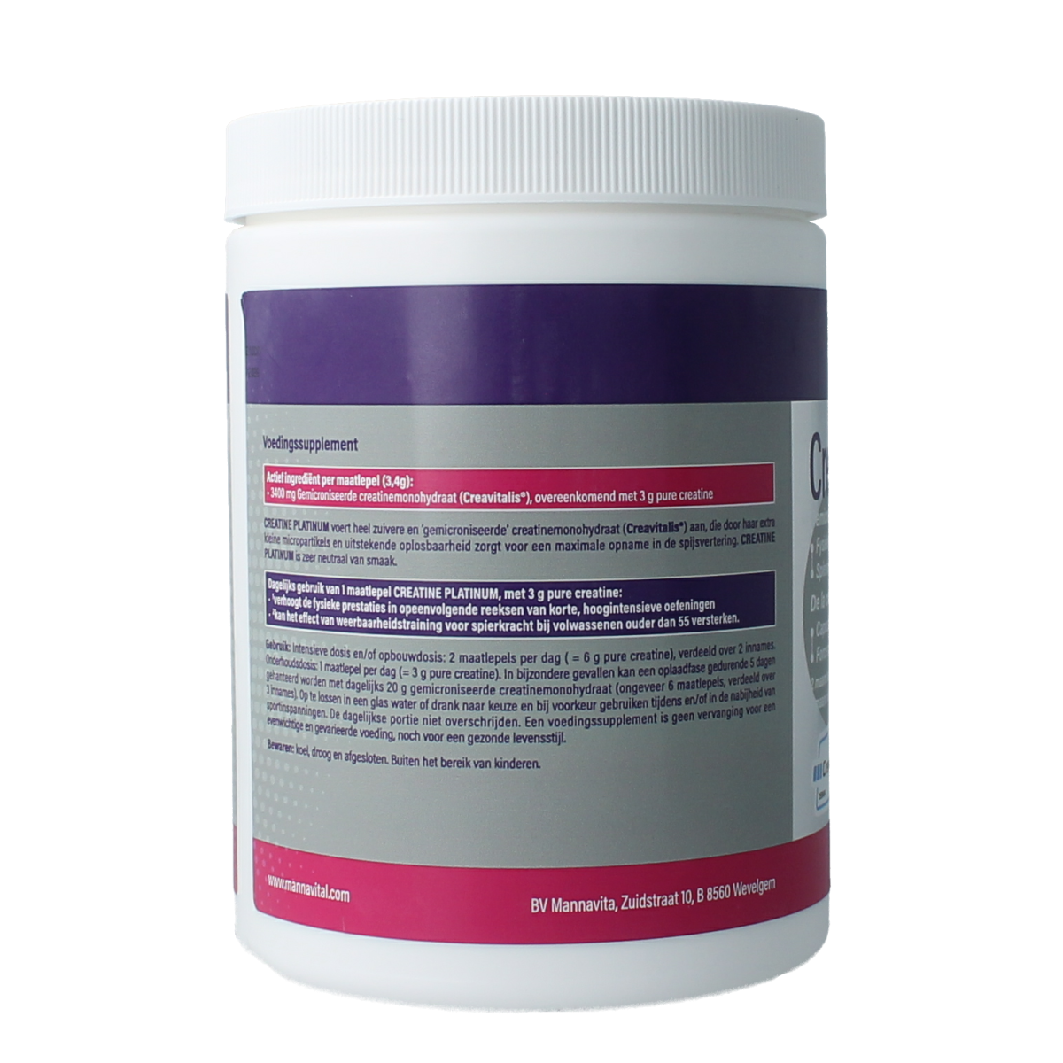 Mannavital Creatine Platinum mineral supplement in a 408g container, showing the product label and packaging.