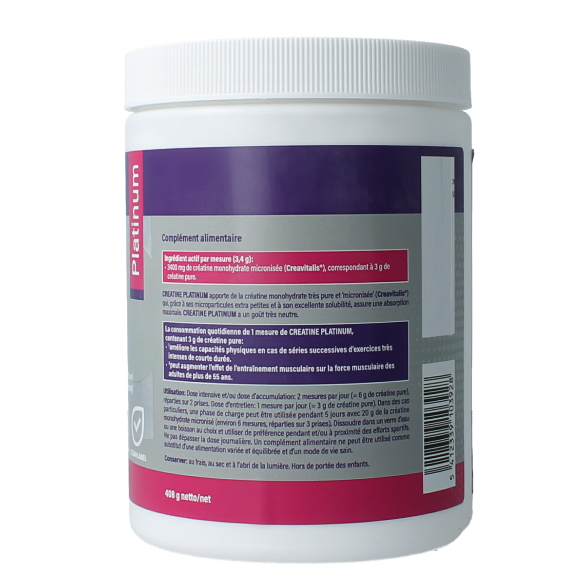 Mannavital Creatine Platinum mineral supplement in 408g jar, showing the product label and packaging.