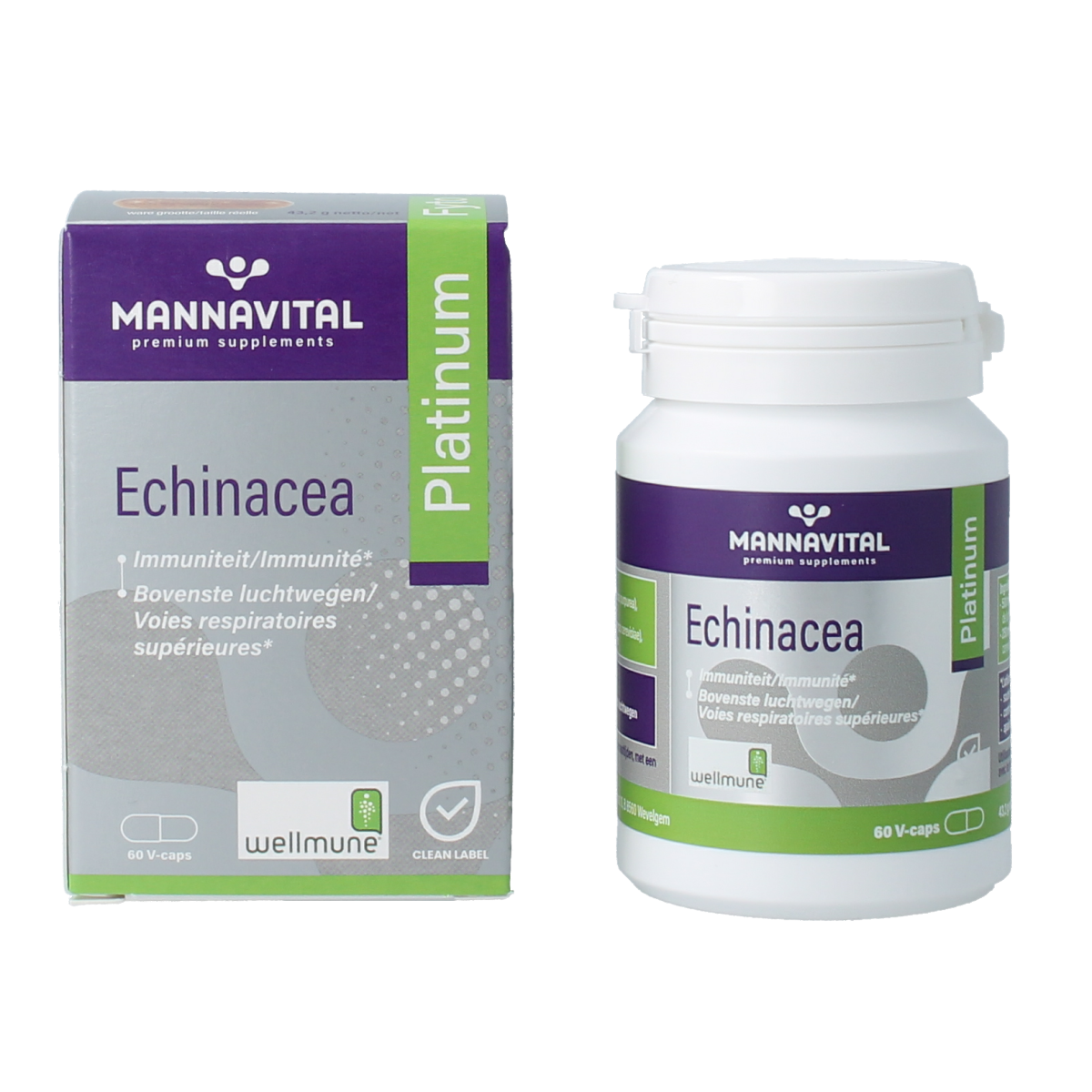 Mannavital Echinacea Platinum vegetarian capsules, dietary supplement and herbal remedy, shown in bottle with capsules inside.