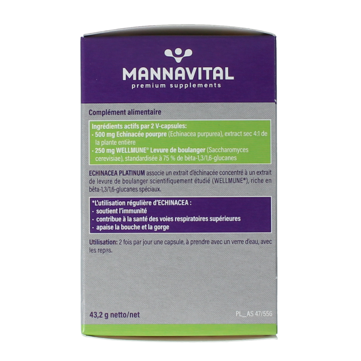 Mannavital Echinacea Platinum vegetarian capsules, dietary supplement and herbal remedy, shown in a bottle with capsules inside.