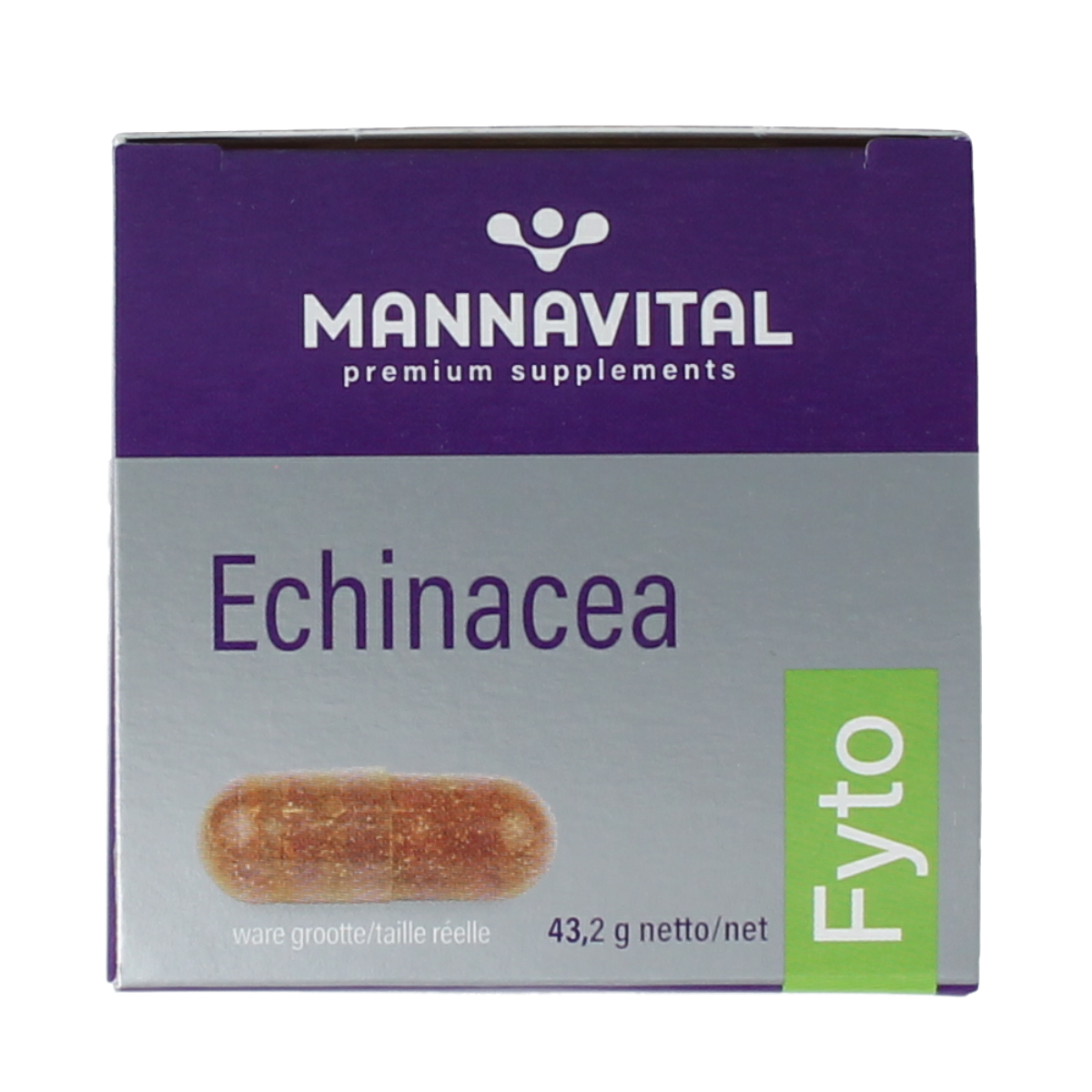Mannavital Echinacea Platinum vegetarian capsules, dietary supplement, bottle with capsules visible in the image