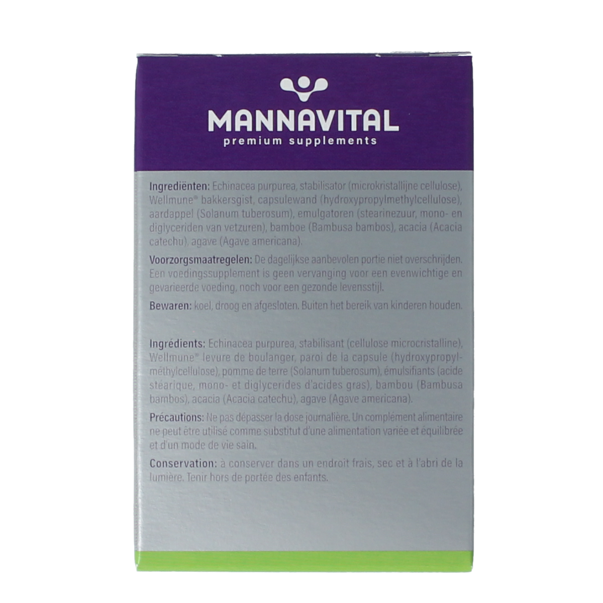 Mannavital Echinacea Platinum vegetarian capsules, dietary supplement, in a clear container with label showing product details