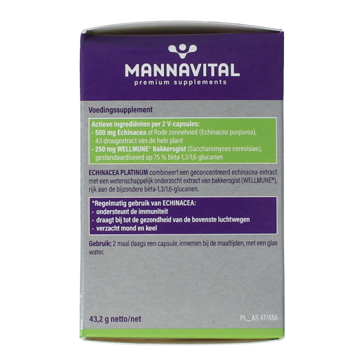 Mannavital Echinacea Platinum vegetarian capsules, dietary supplement and herbal preparation in a blister pack.