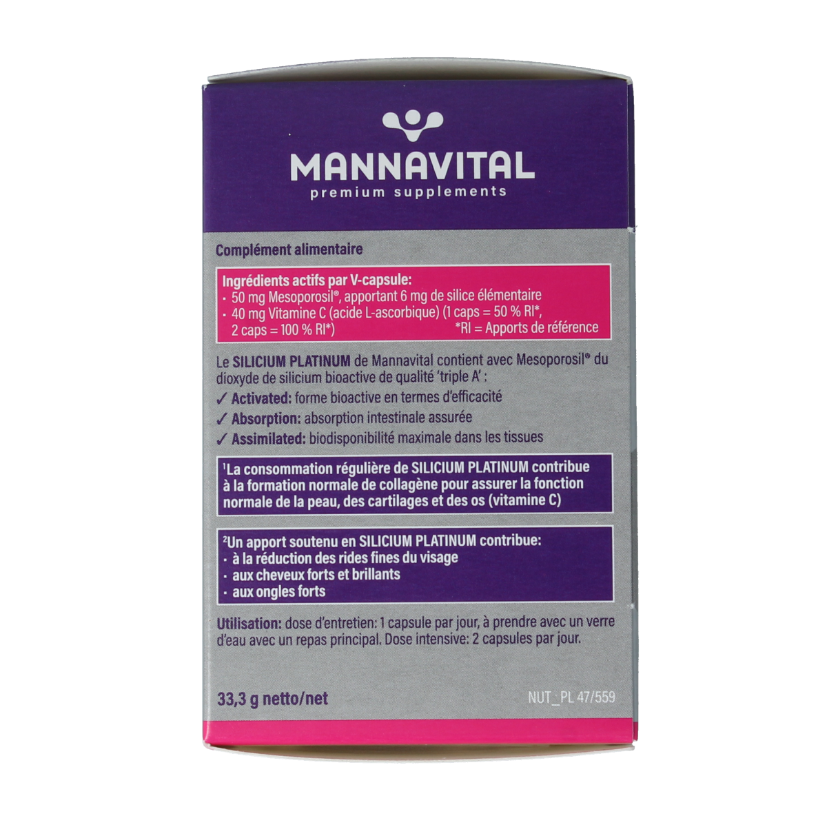 Mannavital Silicium Platinum vegetarian capsules in a blister pack, dietary supplement for skin, hair, and nail health.