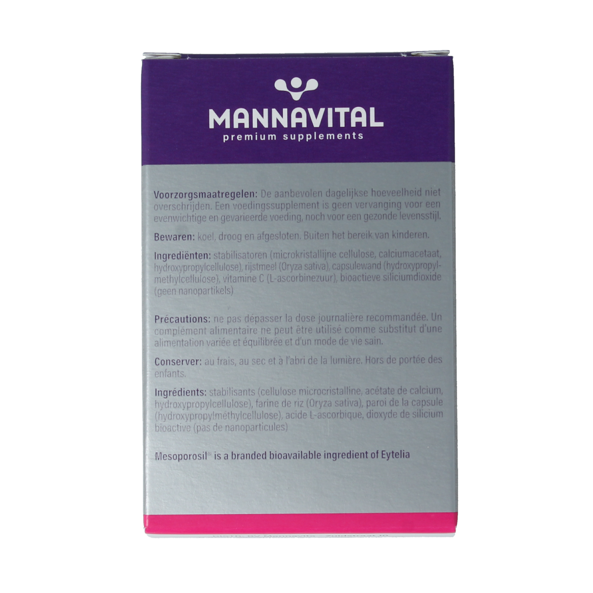 Mannavital Silicium Platinum vegetarian mineral capsules bottle with label showing product details and branding.