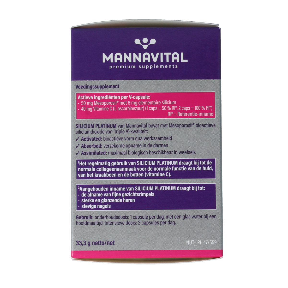 Mannavital Silicium platinum vegetarian capsules in a bottle, containing mineral supplements for healthy skin and hair.