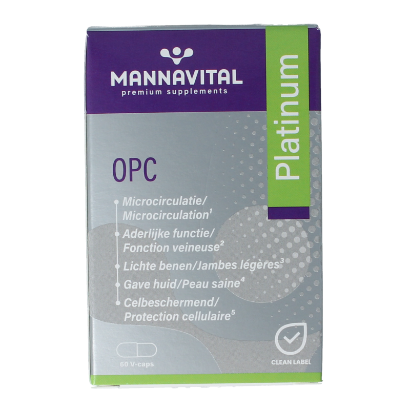 Mannavital OPC Platinum vegetarian capsules, dietary supplement with antioxidant ingredients, shown in a clear image.