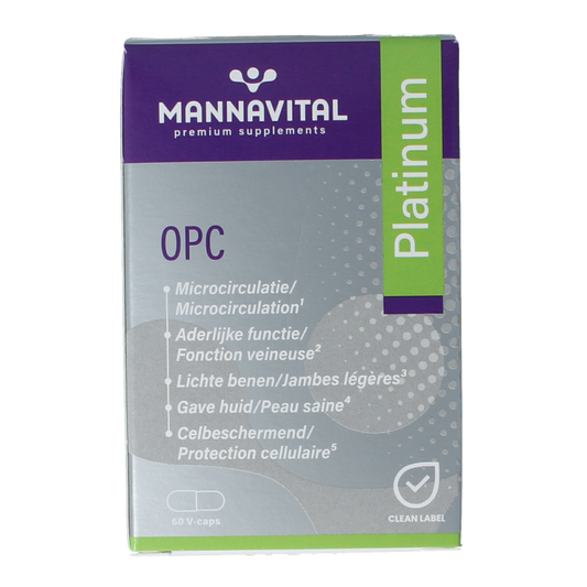 Mannavital OPC Platinum vegetarian capsules, dietary supplement with antioxidant ingredients, shown in a clear image.