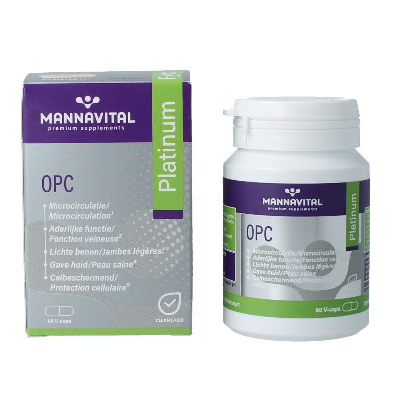 Mannavital OPC Platinum vegetarian capsules, dietary supplement with antioxidants, shown in a close-up of the product bottle.