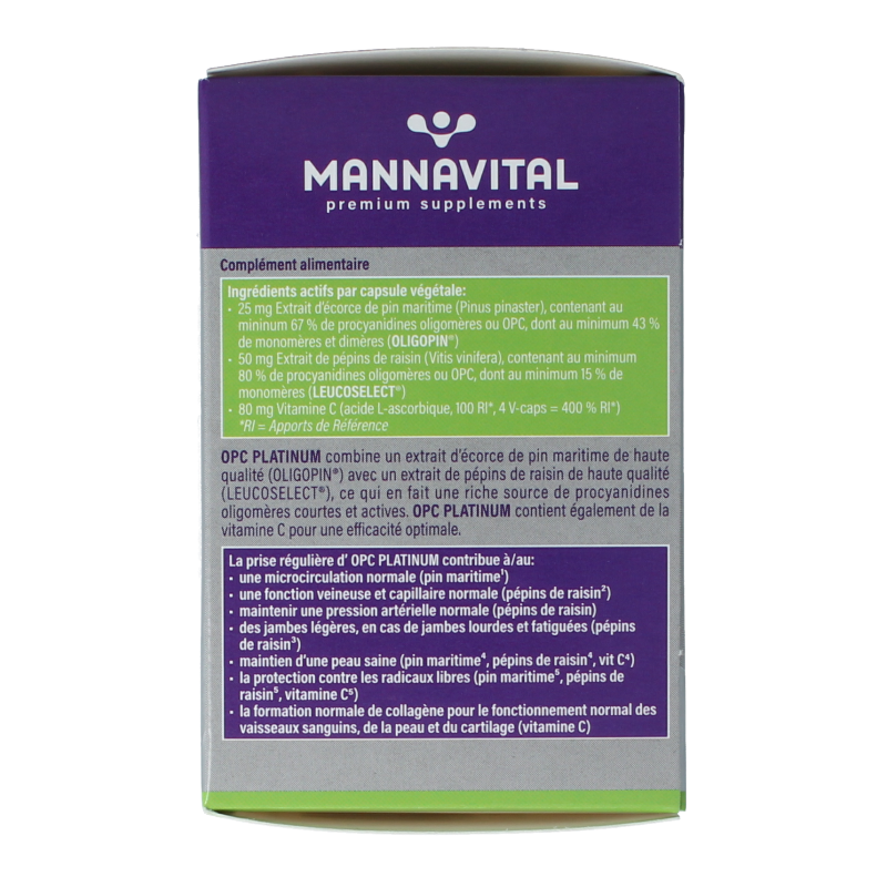Mannavital OPC Platinum vegetarian capsules, dietary supplement in a white bottle, with clear label showing product details.