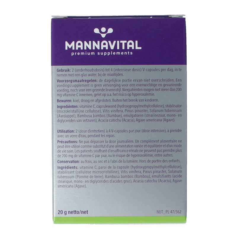 Mannavital OPC Platinum vegetarian capsules, dietary supplement, shown in a clear close-up with capsule details.