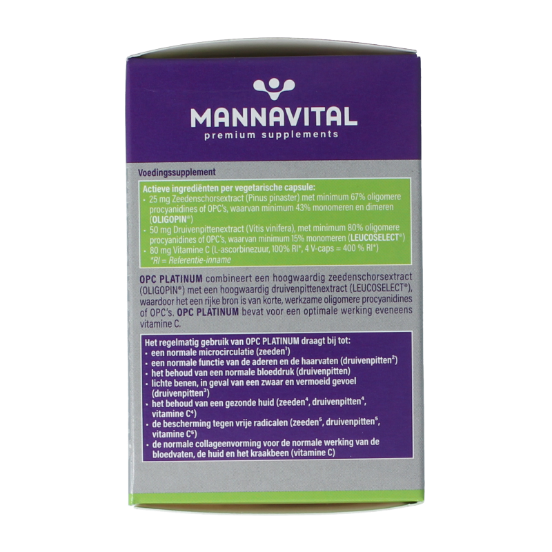 Mannavital OPC Platinum vegetarian capsules dietary supplement, showing green and white capsule bottles on a white background.