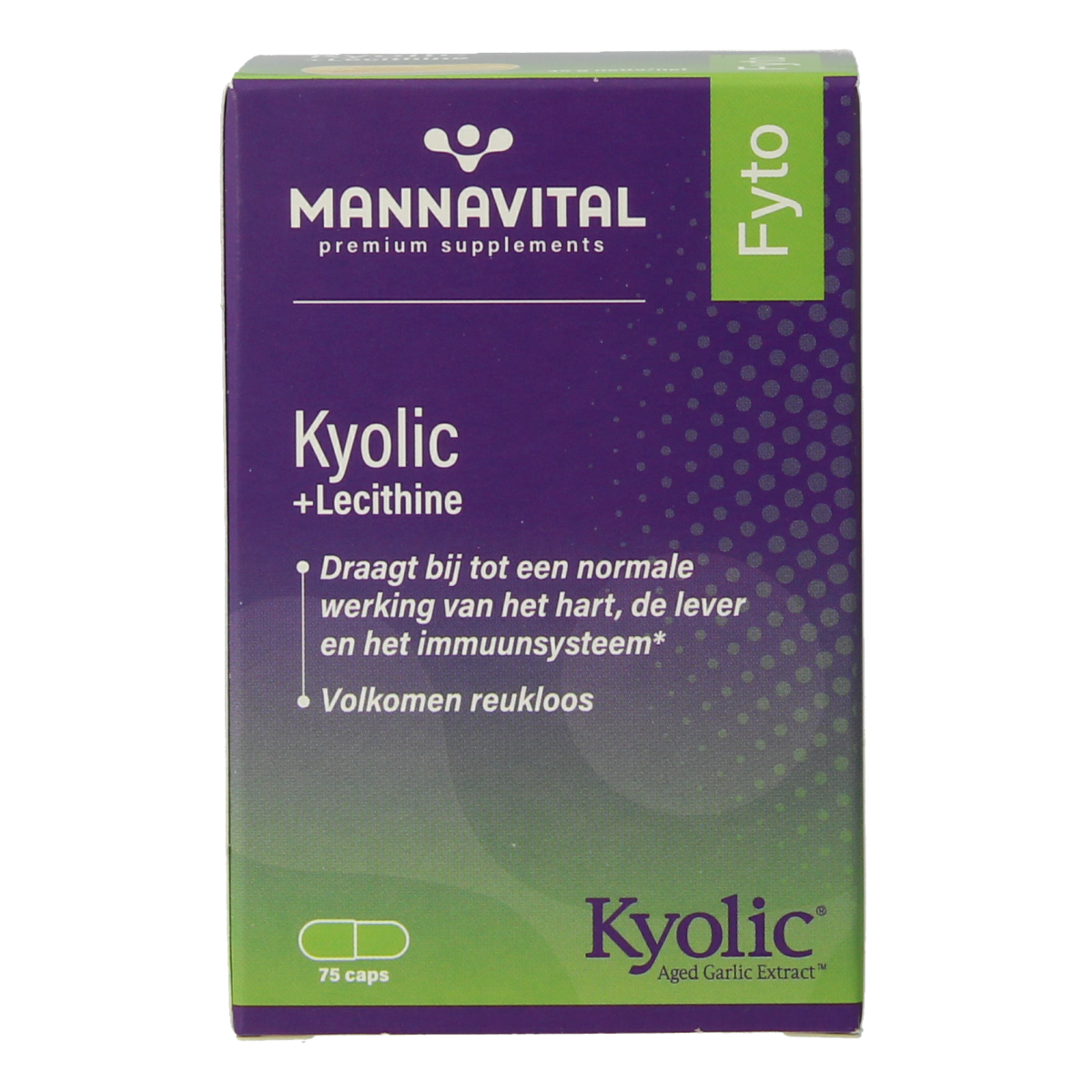 Mannavital Kyolic + lecithine capsules in a bottle, dietary supplement for herbal health, by Mannavital.
