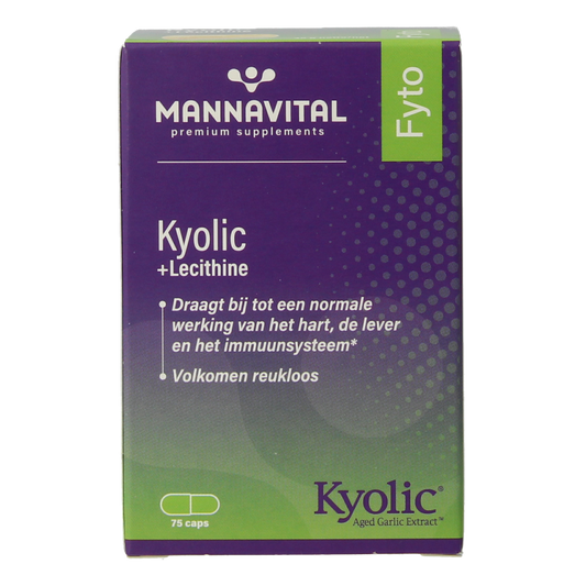 Mannavital Kyolic + lecithine capsules in a bottle, dietary supplement for herbal health, by Mannavital.