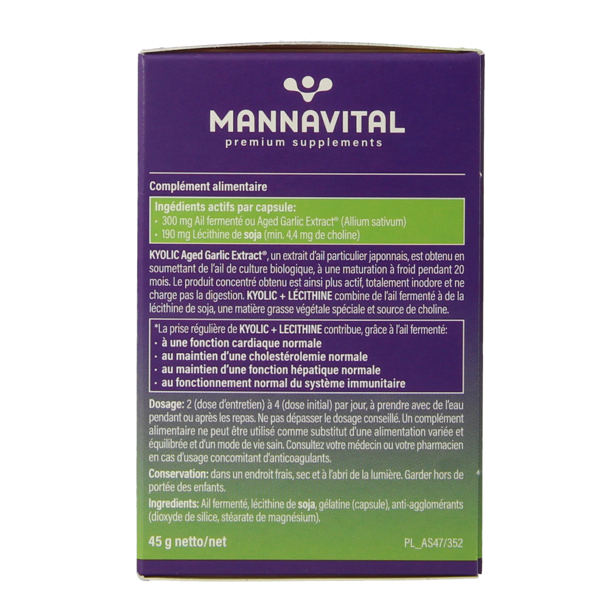 Mannavital Kyolic plus lecithine Kruidenpreparaten capsules in a clear bottle, showing the supplement capsules inside.