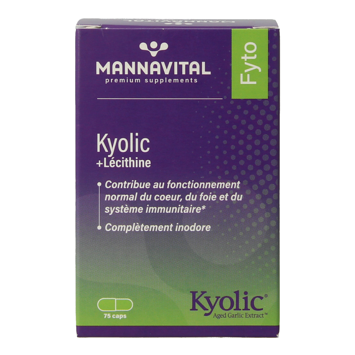 Mannavital Kyolic plus lecithine herbal supplement capsules, 75-count, dietary Kruidenpreparaten for overall wellness.
