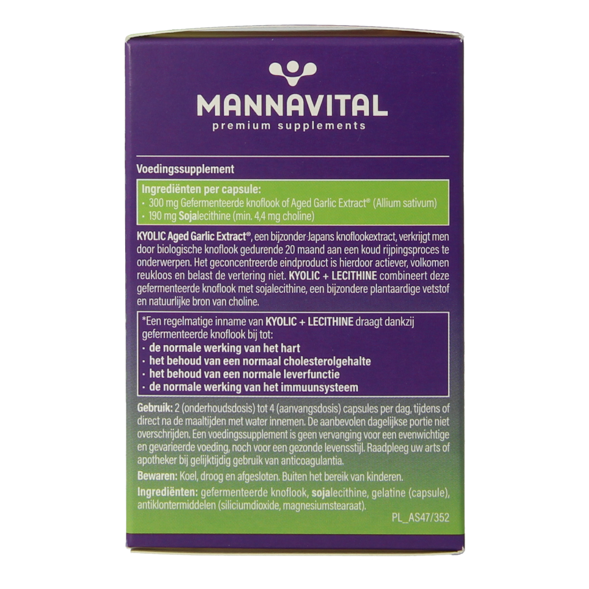 Mannavital Kyolic plus lecithine herbal supplement capsules in a bottle, part of Mannavital Kruidenpreparaten collection.