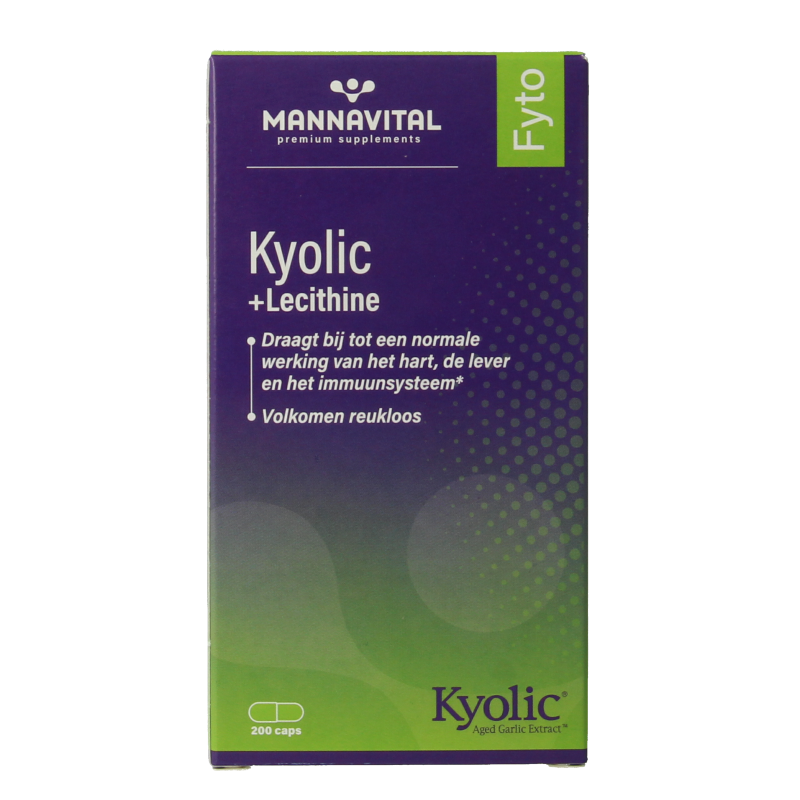 Mannavital Kyolic + Lecithine herbal supplement capsules in a bottle, dietary supplement from Mannavital for health support.