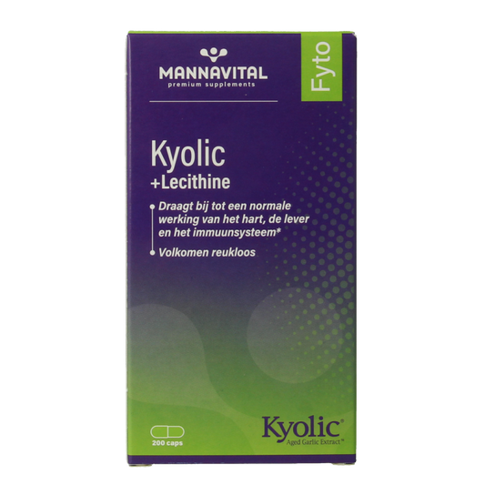 Mannavital Kyolic + Lecithine herbal supplement capsules in a bottle, dietary supplement from Mannavital for health support.