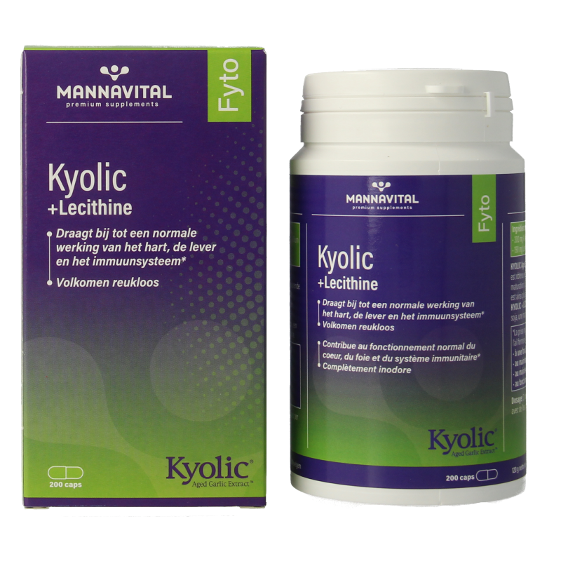 Mannavital Kyolic plus lecithine capsules, herbal supplement, bottle of 200 capsules, Mannavital brand, dietary herbal remedy