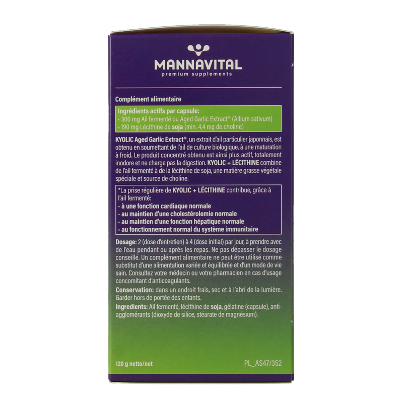 Mannavital Kyolic plus lecithine 200 capsules, herbal supplement bottle with capsules in a white container.