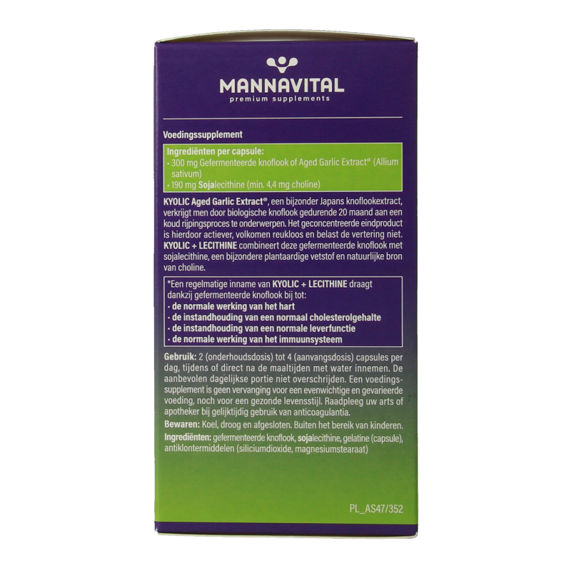 Mannavital Kyolic + lecithine herbal supplement capsules in a bottle, part of Mannavital's kruidenpreparaten collection.