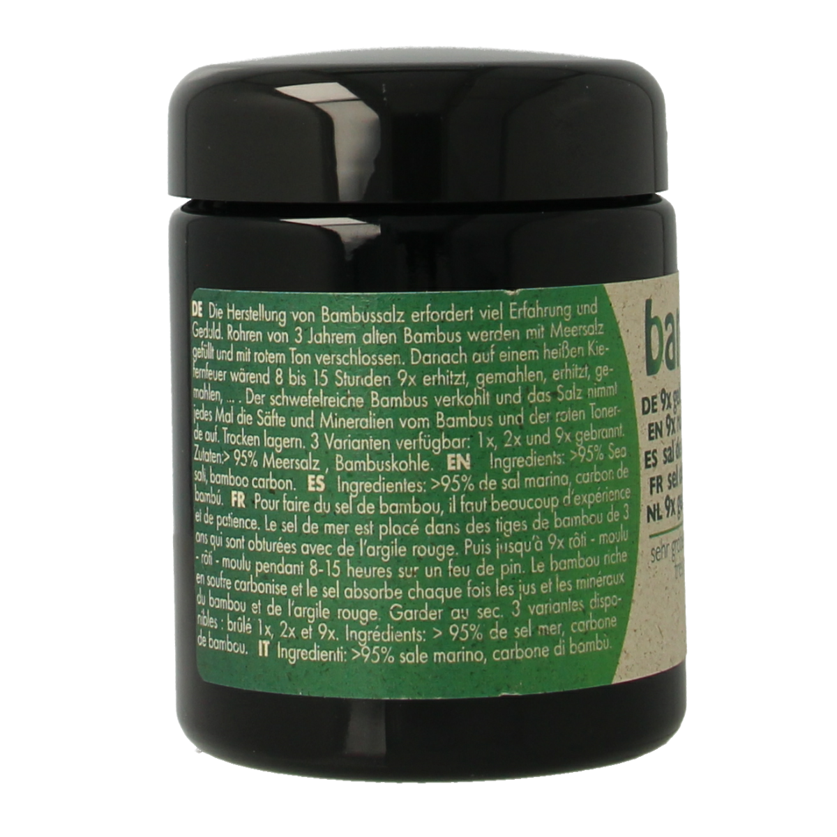 Bambu Salz Bamboezout zeer grof 9x gebrand, 270g, in a clear container showing the coarse, roasted bamboo salt crystals.