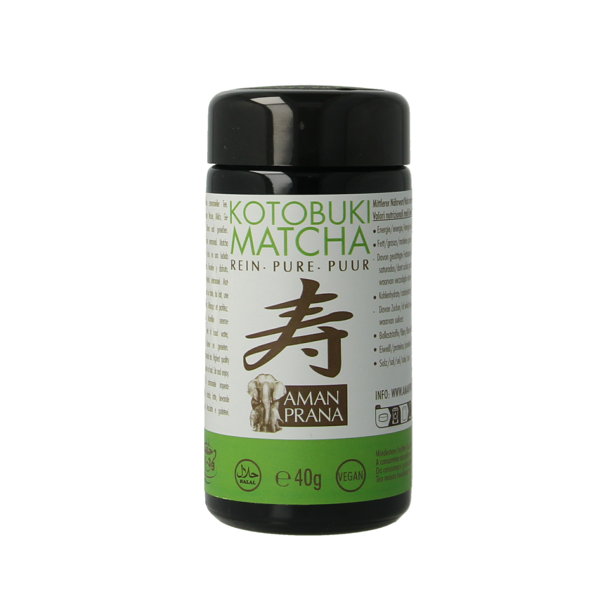 Amanprana Kotobuki matcha bio tea powder in a 40g package, vibrant green matcha in a natural-inspired container.