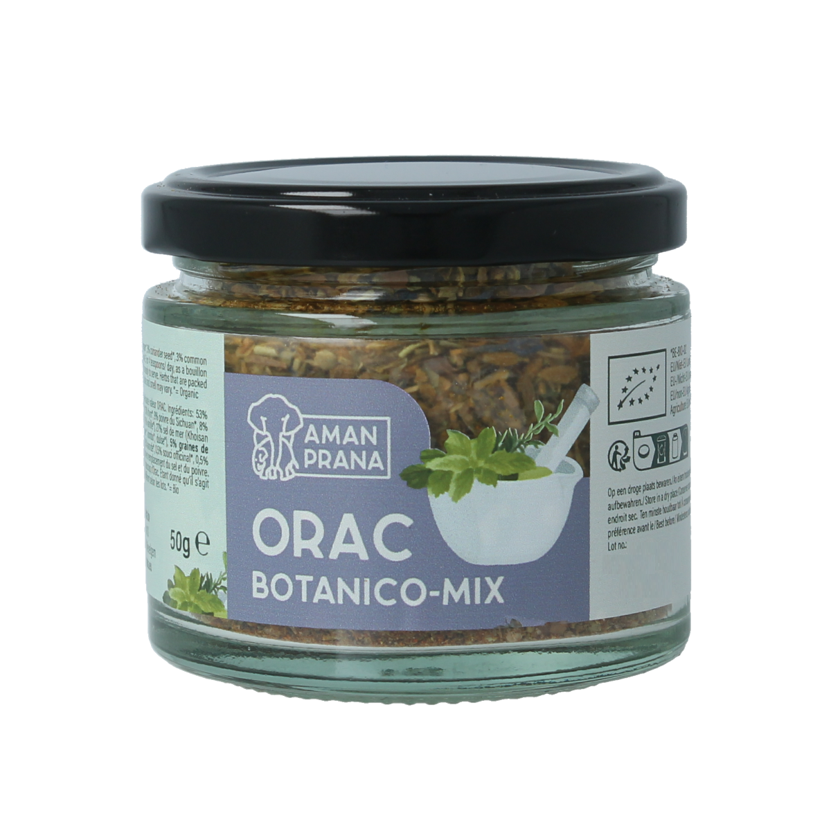 Amanprana Orac Botanico Mix Bio 50g, a blend of herbs, salts, and meal ingredients in a clear container.