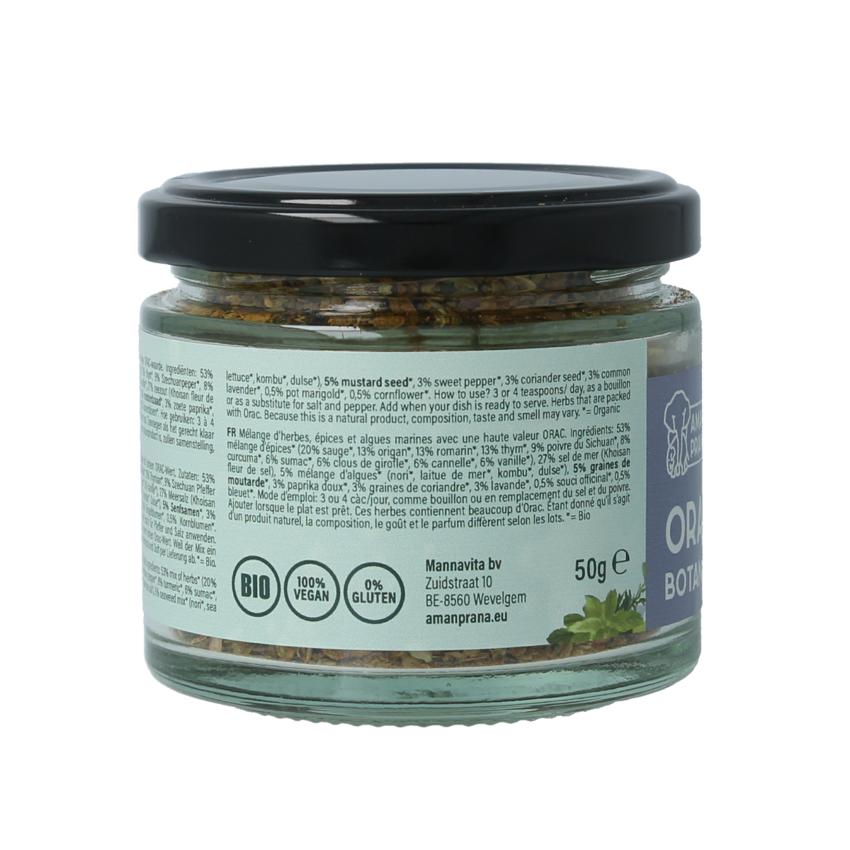 Amanprana Orac Botanico Mix bio 50g, a natural herbal, salt, and meal blend with colorful dried herbs and spices in a clear container.