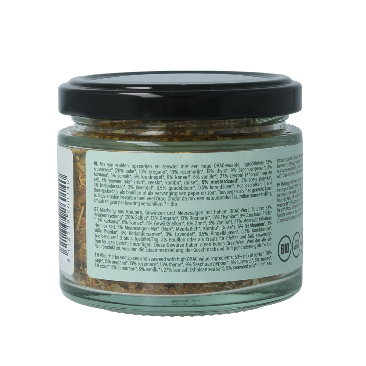 Amanprana Orac Botanico Mix Bio 50g, organic herbal, salt, and meal mix in a clear container with colorful herbs and spices.
