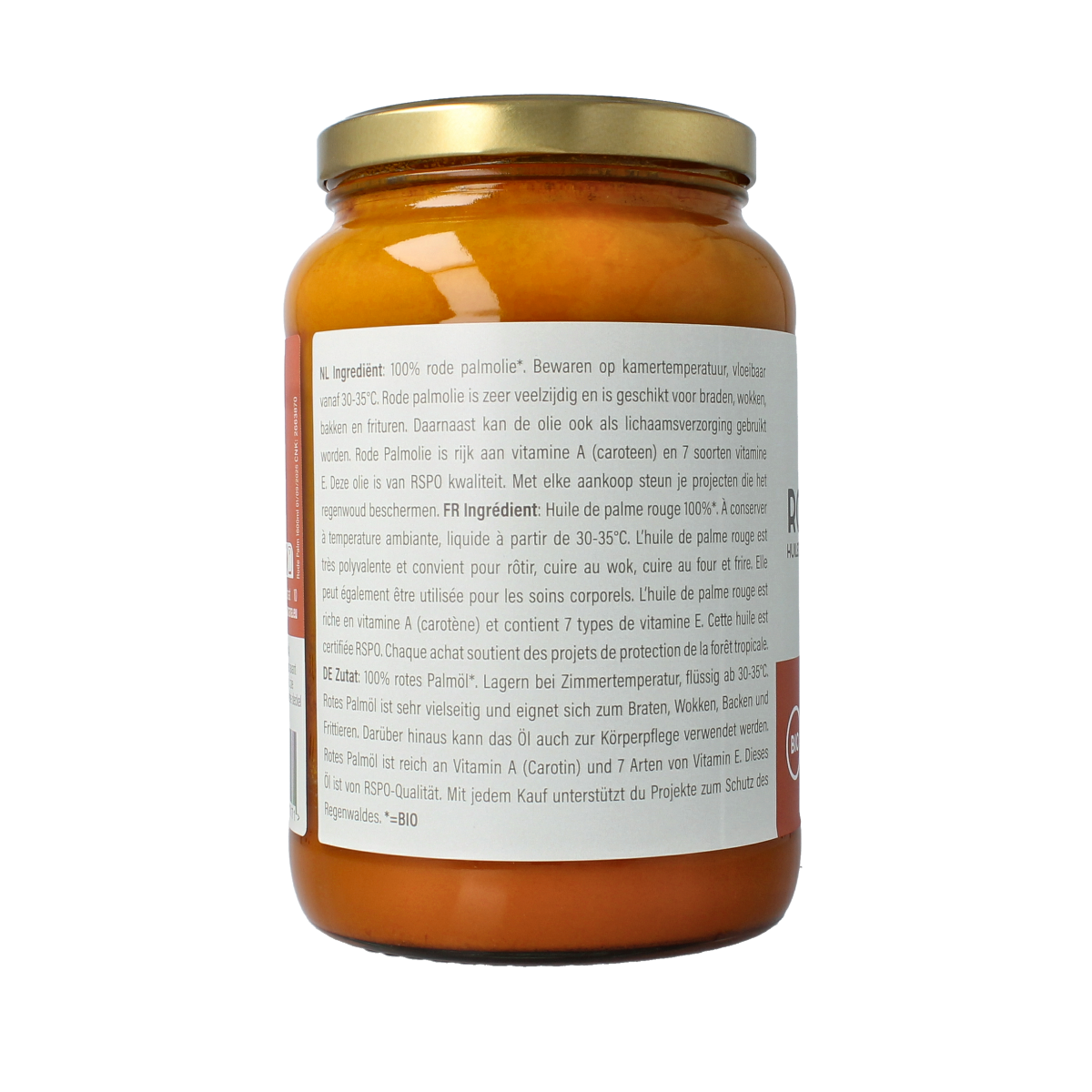 Amanprana Rode palm olie bio in a 1600ml bottle, natural organic palm oil for cooking and health.