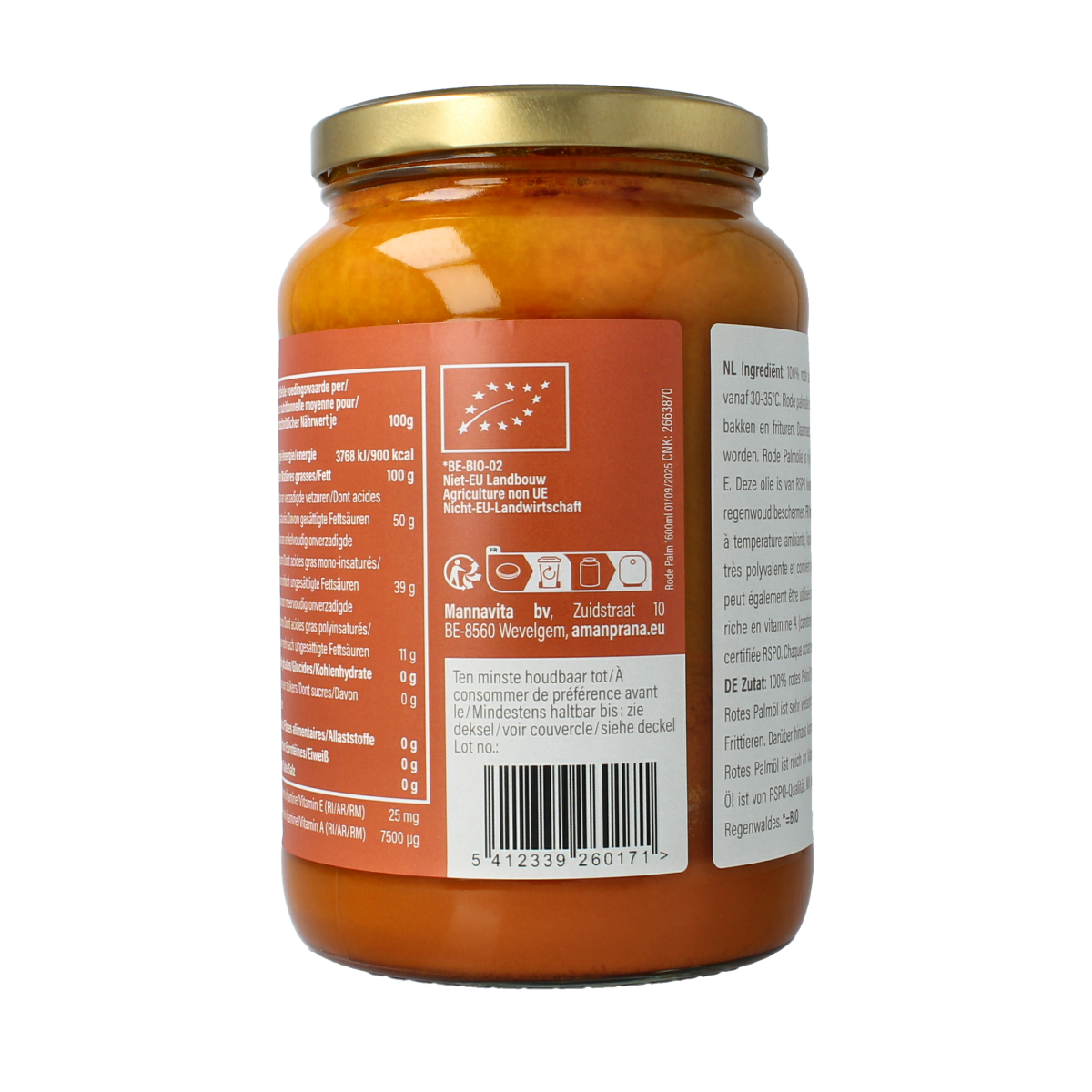 Amanprana Rode palm olie bio in a 1600ml bottle, organic palm oil for cooking and baking, with a clear label on the container.
