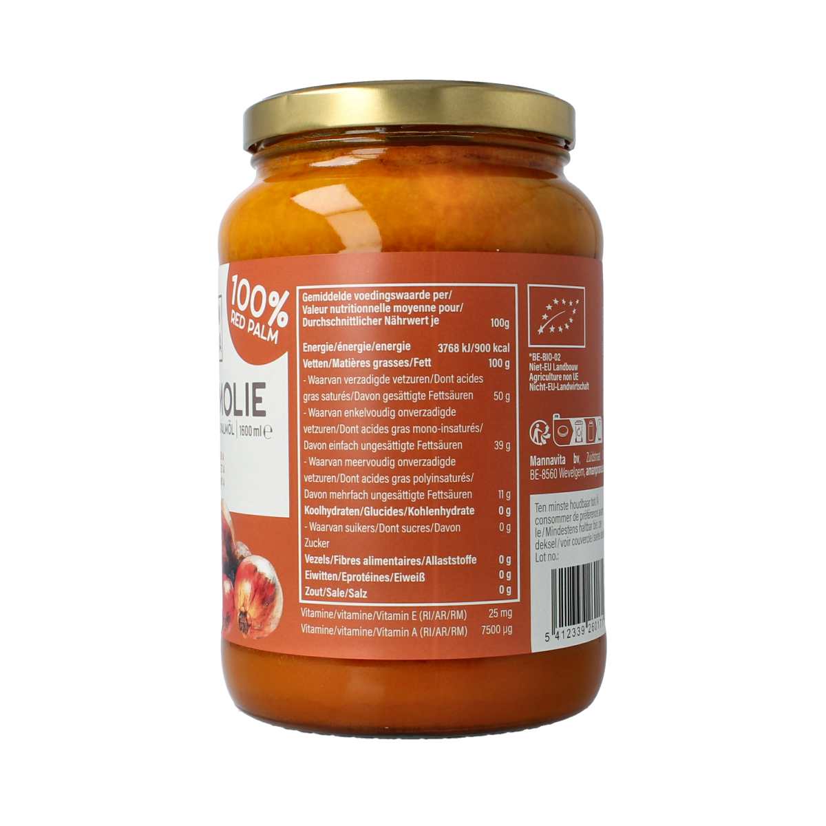 Amanprana Rode palm olie bio in a 1600ml bottle, natural organic palm oil for cooking and baking.