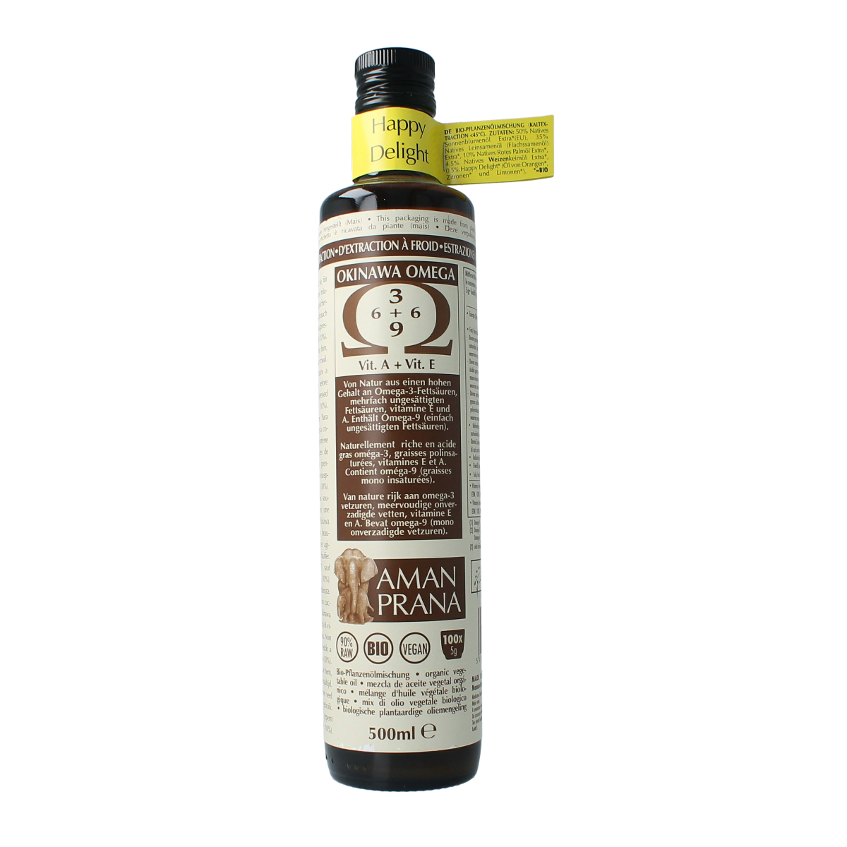 Amanprana Happy Delight Okinawa Omega bio oil in a 500ml bottle, featuring a clear label with green and white design.