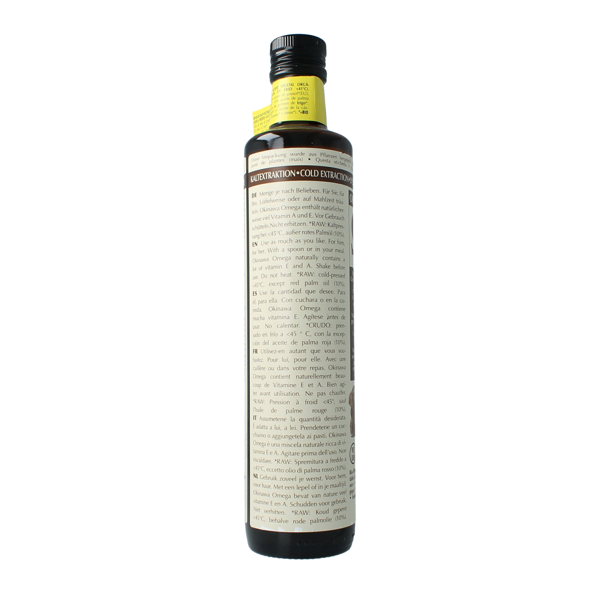 Amanprana Happy Delight Okinawa Omega bio oil bottle, 500ml, with a white label and blue cap, on a plain background.