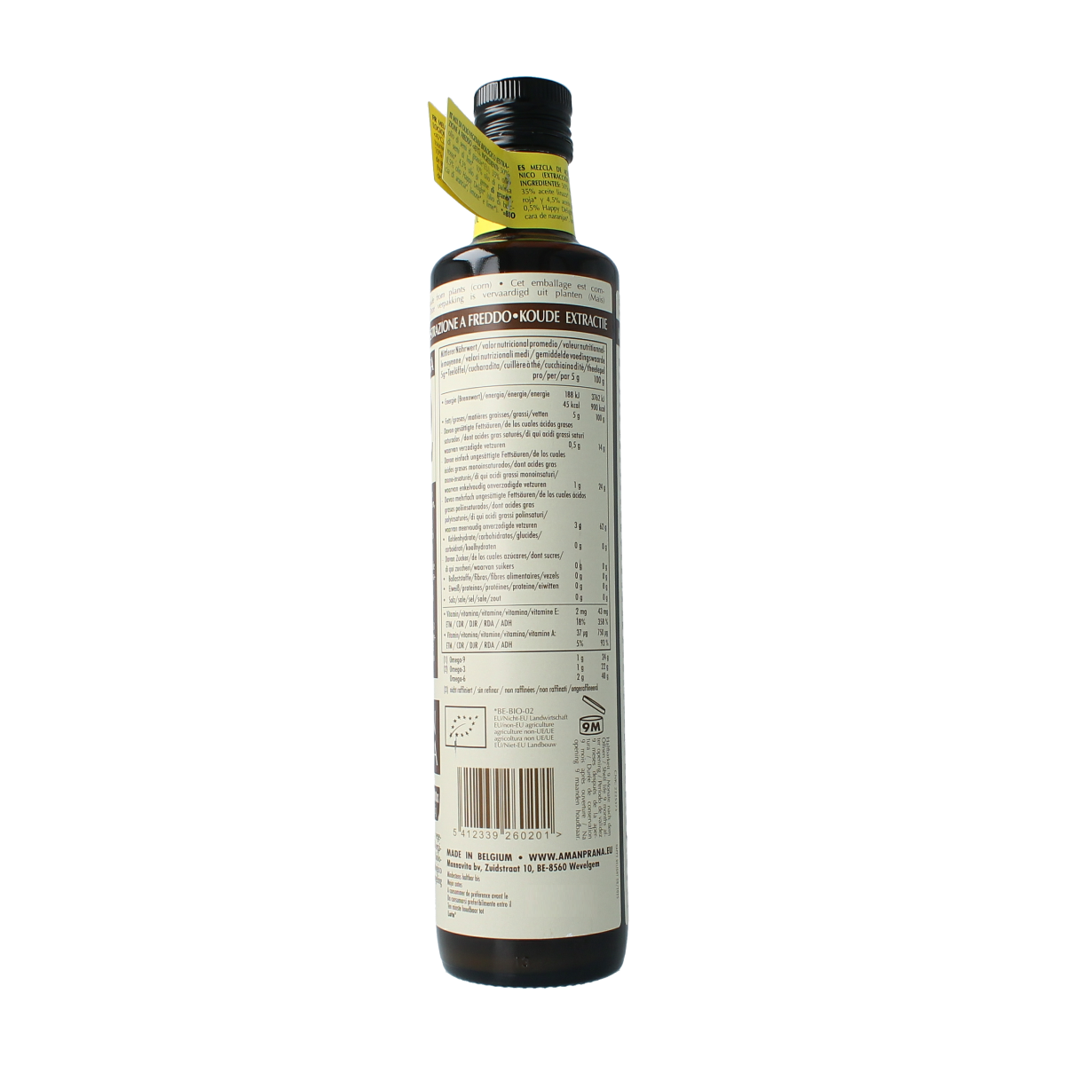 Amanprana Happy Delight Okinawa Omega bio oil bottle, 500ml, in a clear glass container with a white label and golden cap.