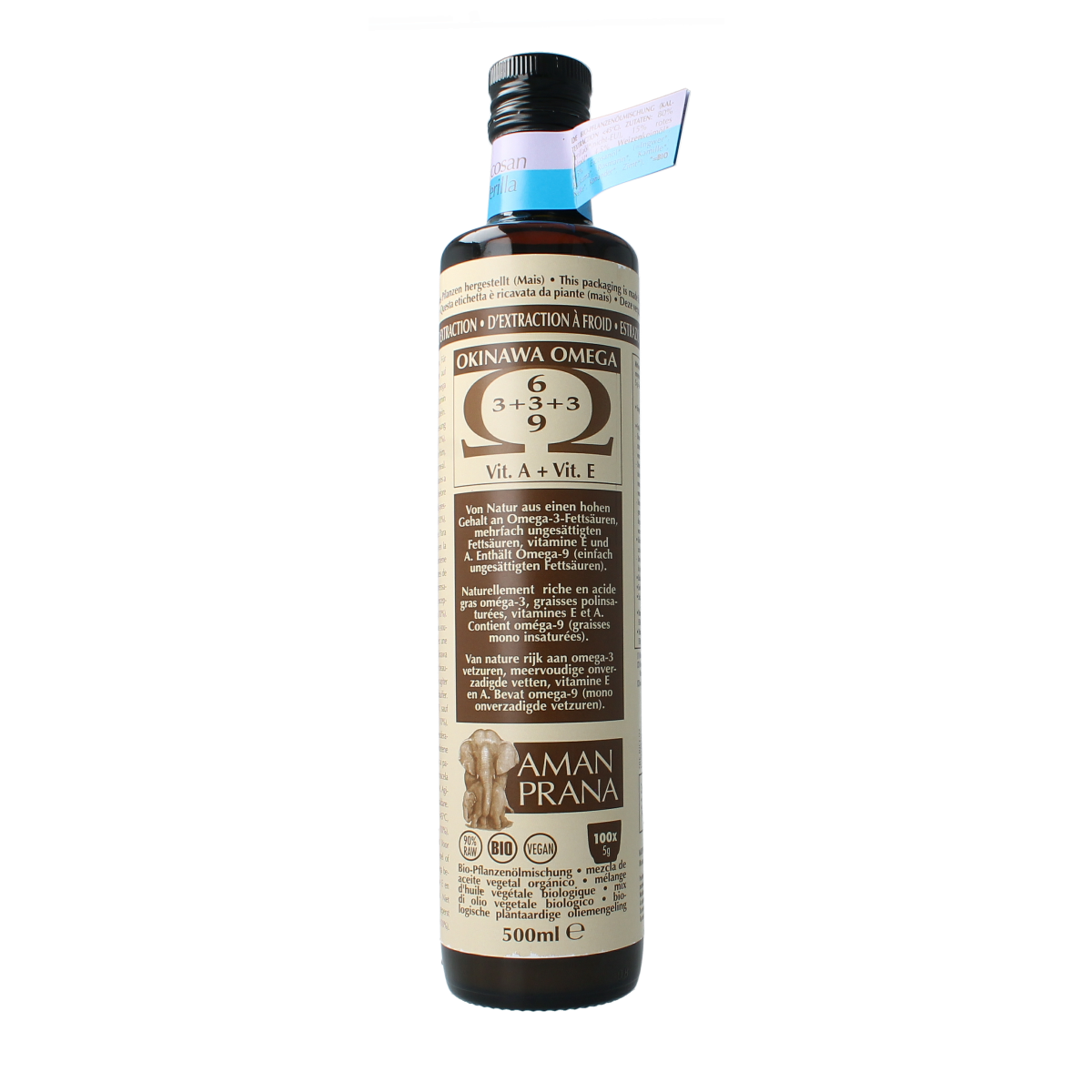 Amanprana Eicosan Perilla herbal supplement bottle with label, 500ml, in a natural setting on a wooden surface.