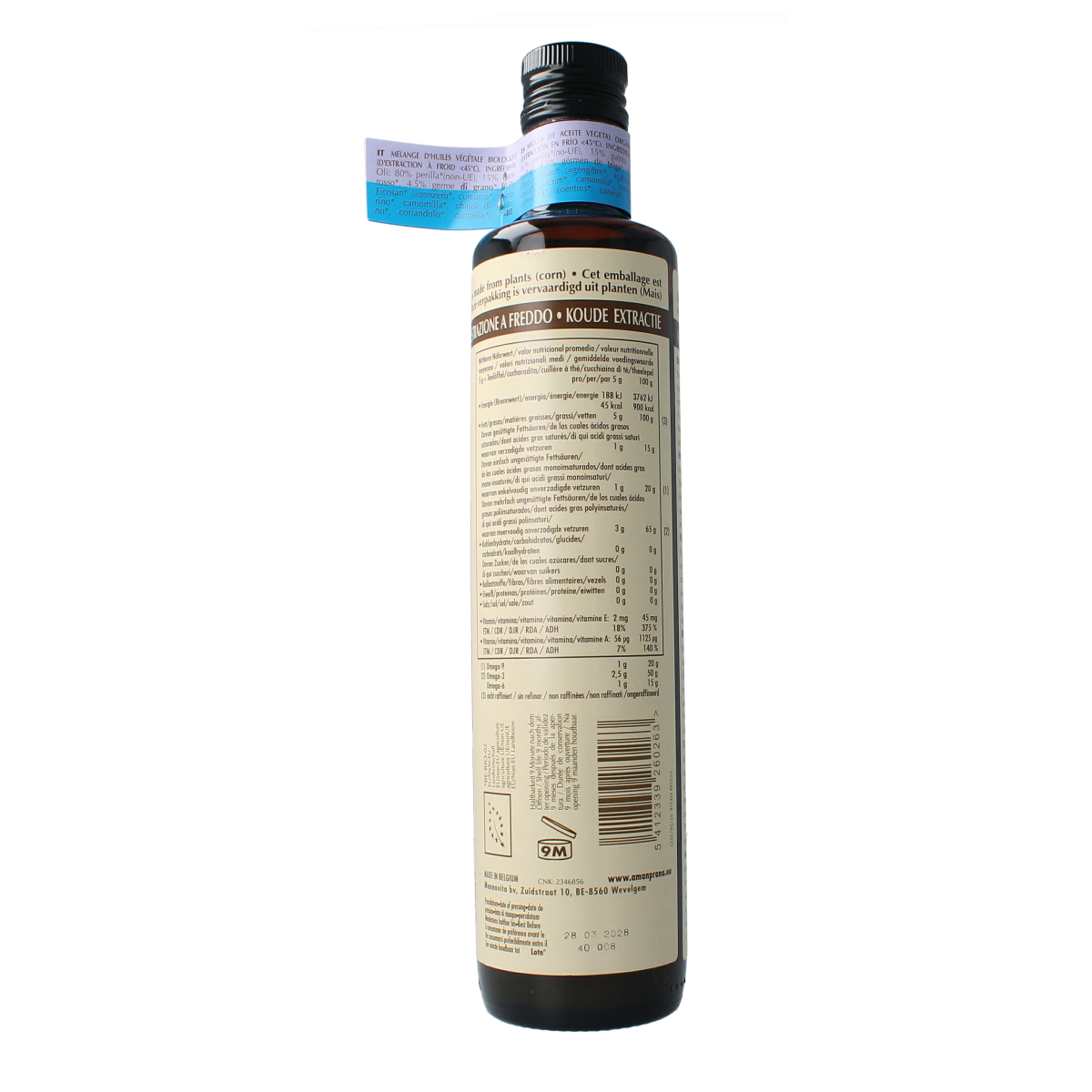 Amanprana Eicosan perilla herbal supplement in a 500ml bottle, featuring a label with green and white design and botanical imagery.